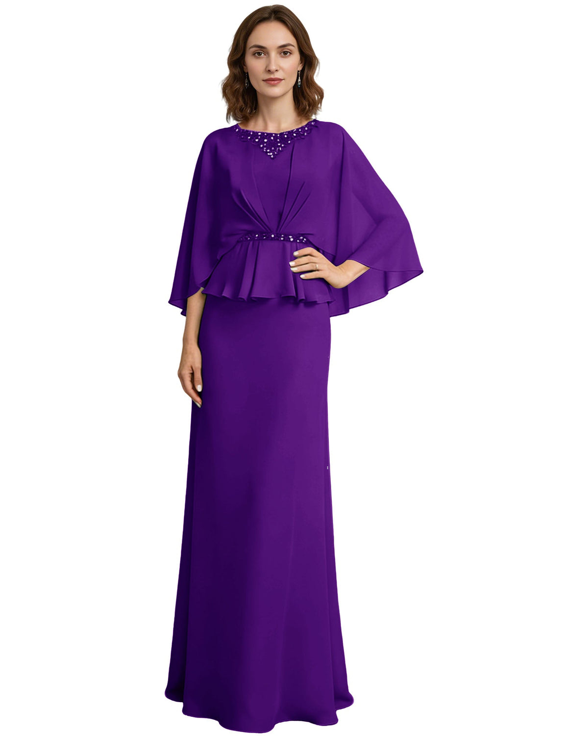 Plum purple long formal dress with beaded neckline, capelet sleeves, and peplum drape