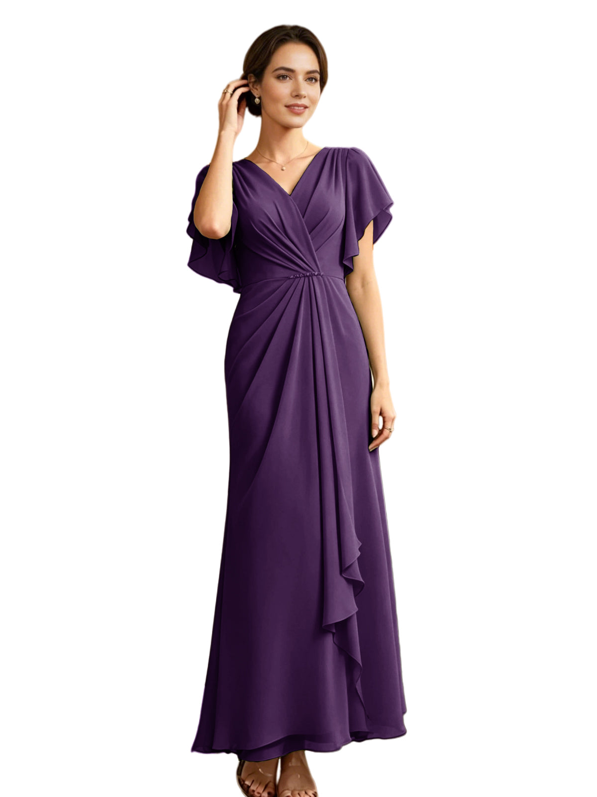 Long plum purple chiffon V-neck A-line dress with flutter sleeves and wrap bodice