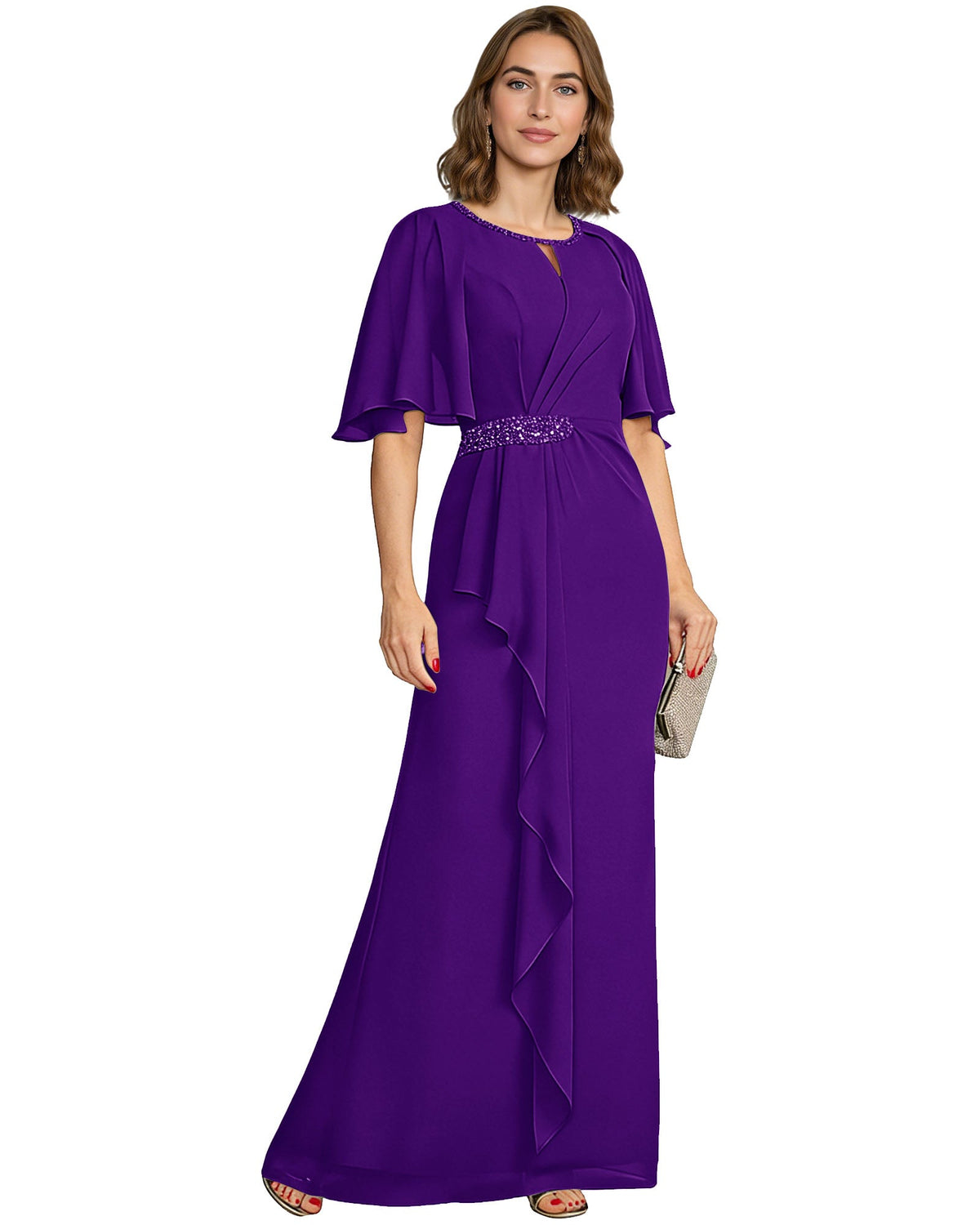 Chiffon A-line formal dress with flutter sleeves, beaded waist, ruffle drape—purple