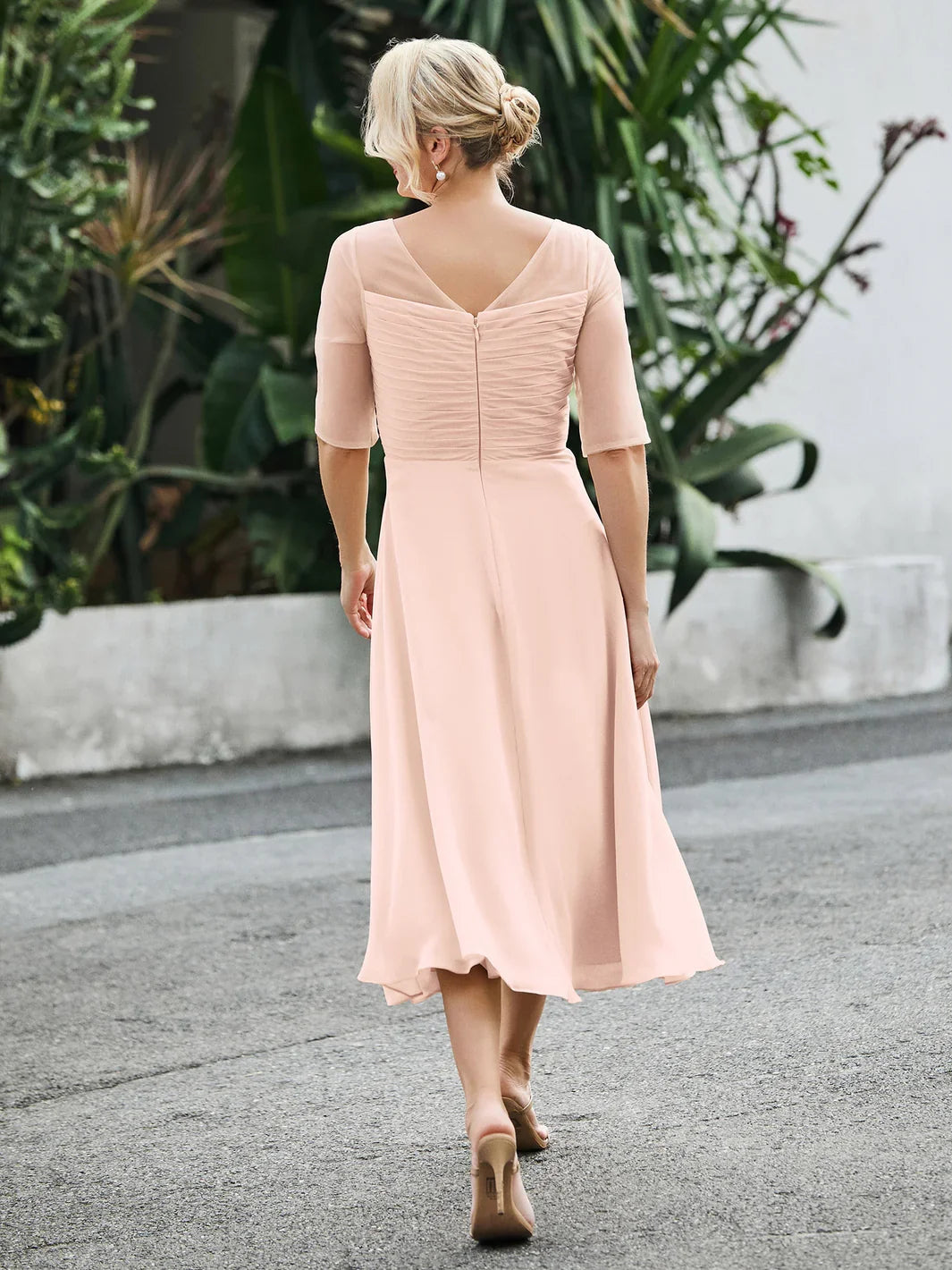 Blush pink A-line chiffon mother-of-the-bride dress, illusion back neckline, tea-length