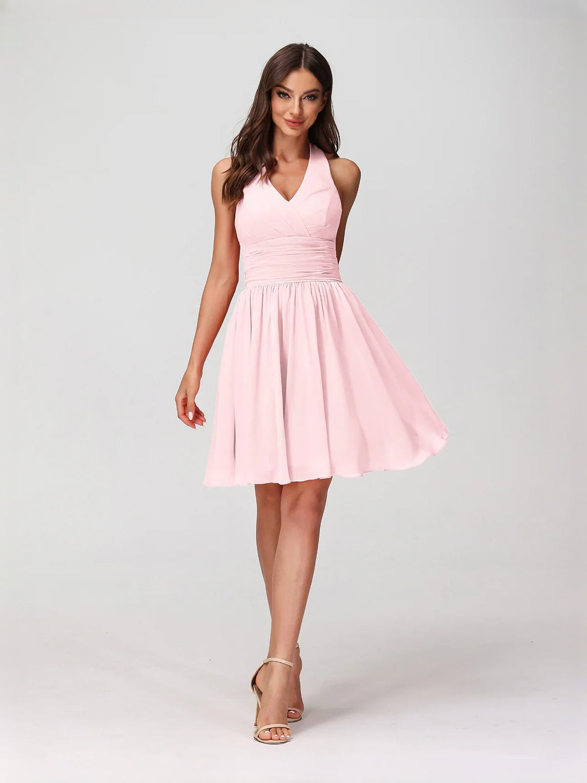 Pearl pink halter V-neck mini dress with ruched waist and flared A-line skirt, chiffon