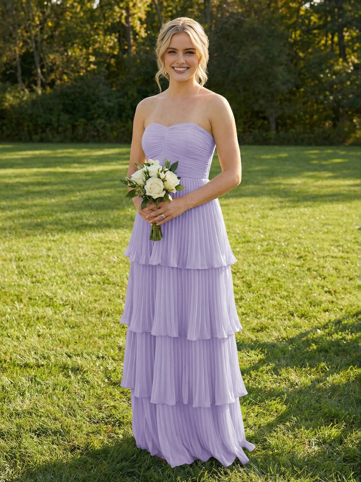 Light purple chiffon maxi bridesmaid dress, sweetheart bodice, tiered ruffles.