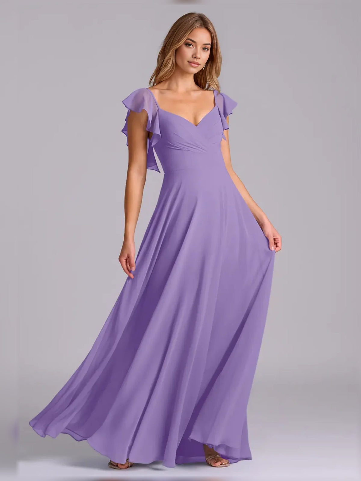 Lavender pleated chiffon V-neck A-line maxi dress with flutter sleeves