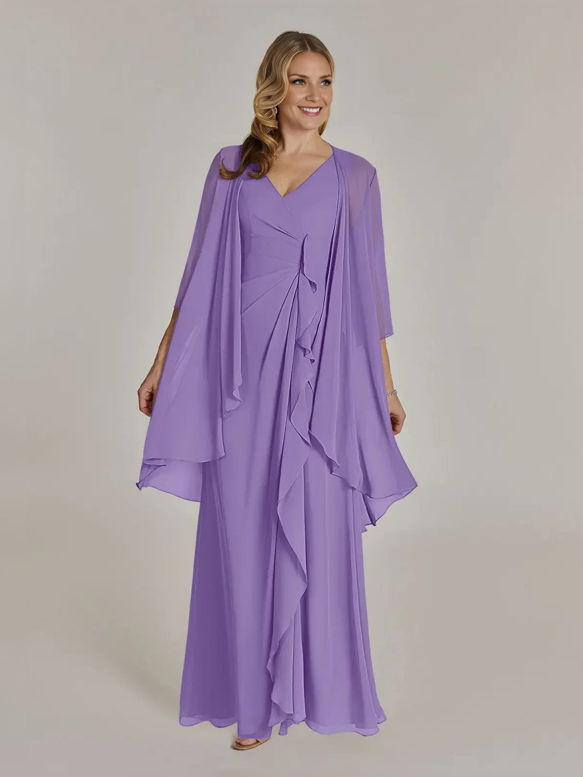 Lavender v-neck layered chiffon maxi sheath dress with draped ruffle tiers and cape sleeves