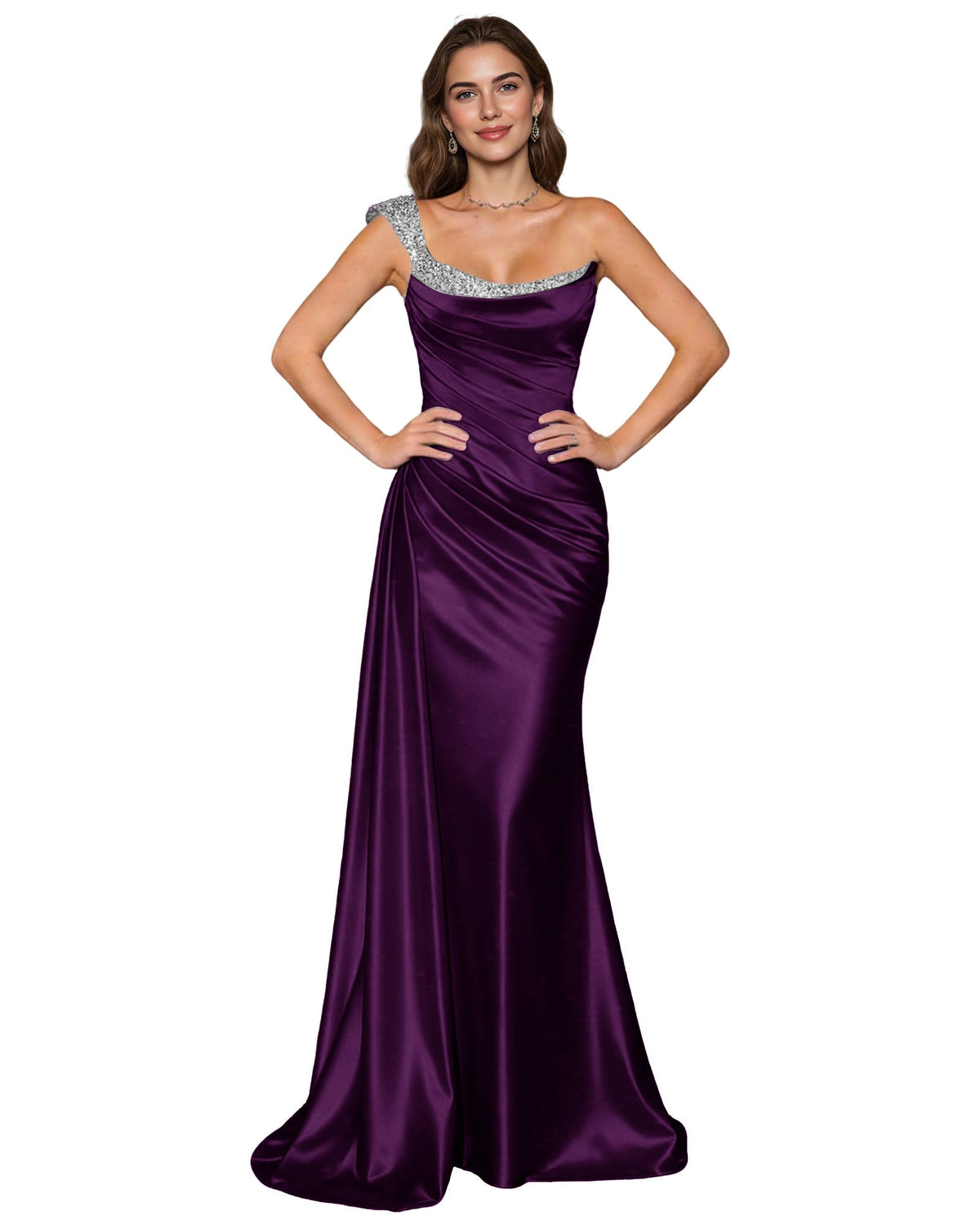 Deep purple satin mermaid prom dress with rhinestone-trim spaghetti straps and cowl neck