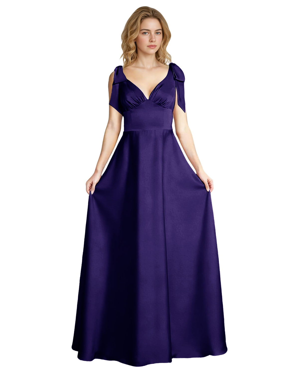 Dark purple satin V-neck bridesmaid dress with bow shoulder straps, empire waist, full skirt.