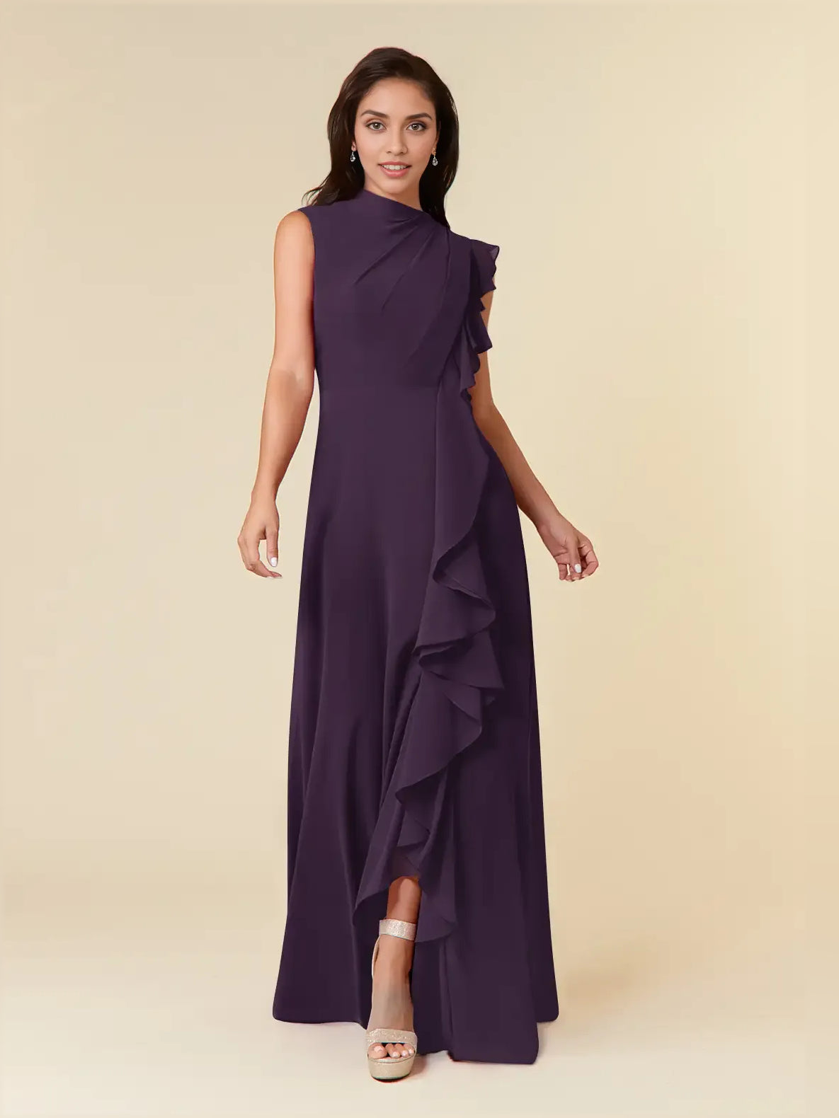 Deep purple chiffon maxi dress with high neck and layered ruffle drape, sleeveless A-line