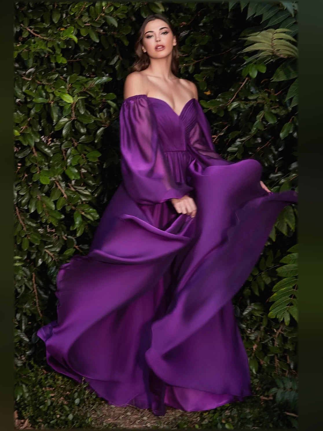 Deep purple long formal dress with off-shoulder neckline and draped puff sleeves