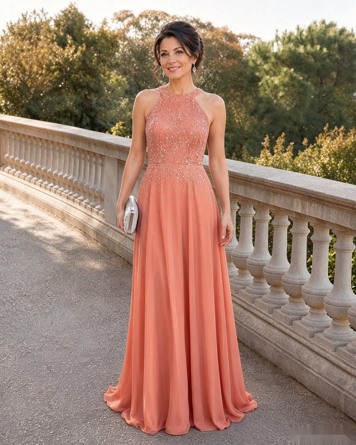 Coral pink halter neck sequin chiffon A-line mother-of-the-bride dress, floor-length