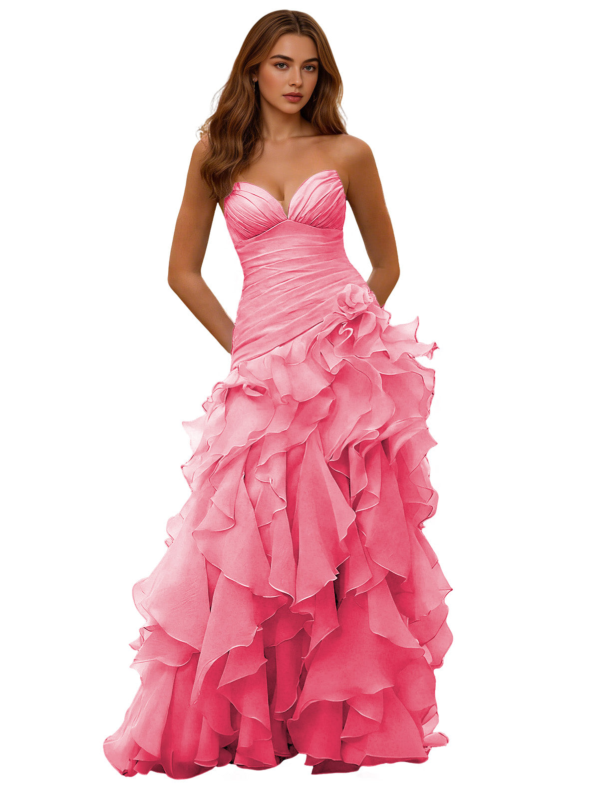 Pink strapless ruffle ball gown with draped corset bodice