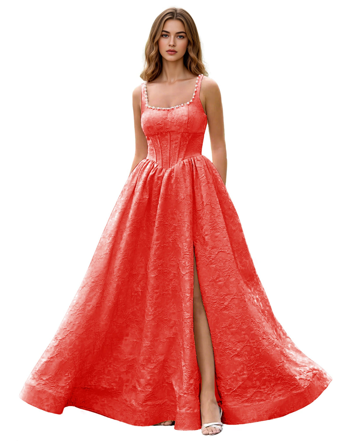 Hot pink square-neck jacquard ball gown prom dress with wide straps and front slit