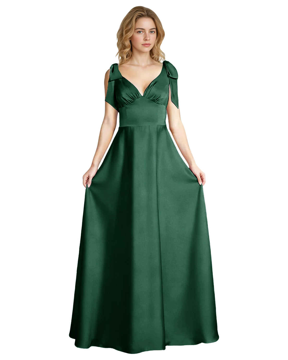 Green satin V-neck bridesmaid dress with bow shoulder straps, empire waist, full skirt.