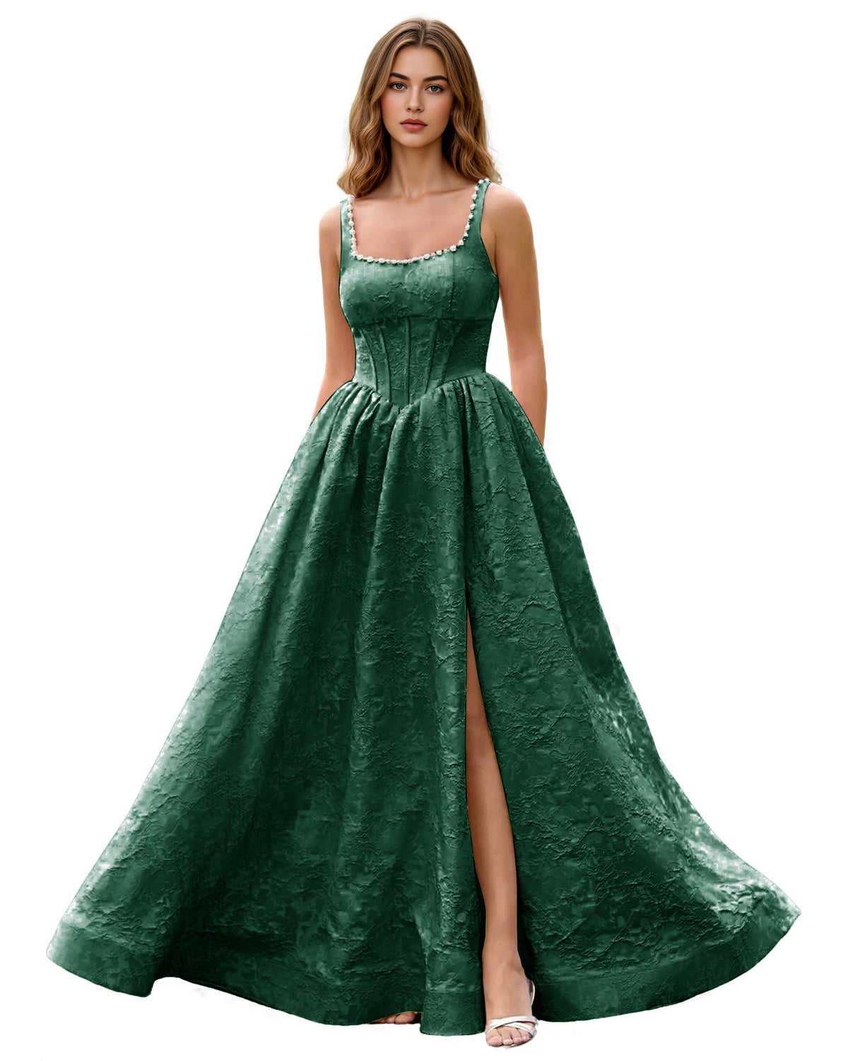 Deep green square-neck jacquard ball gown prom dress with wide straps and front slit