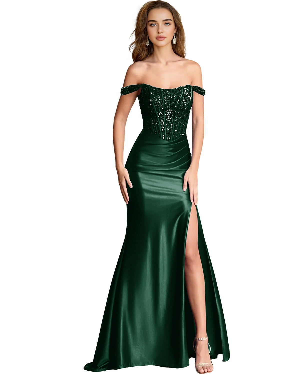 Off-shoulder sequin satin mermaid dress, emerald green, draped bodice and thigh slit