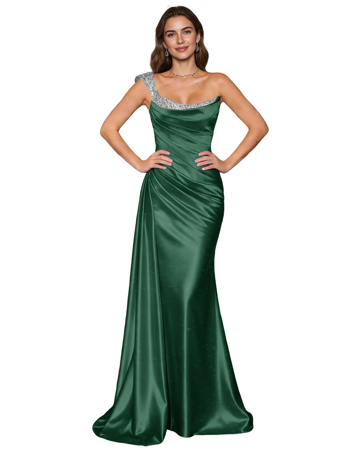 Emerald green satin mermaid prom dress with rhinestone-trim spaghetti straps and cowl neck