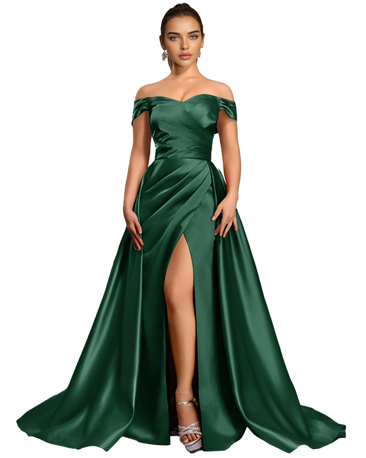 Emerald green off-shoulder satin ball gown with draped bodice and thigh slit