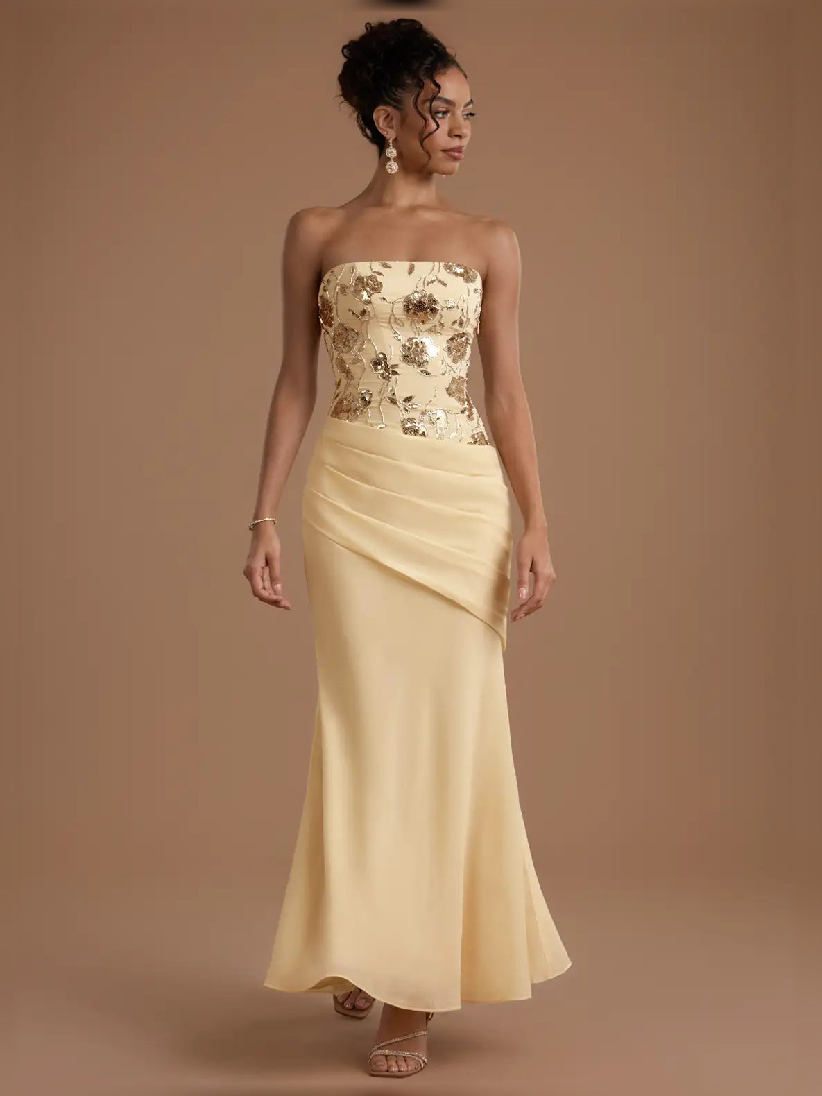 Cowl neck midi formal dress with ruching and slit, pale lemon strapless bodice, back view
