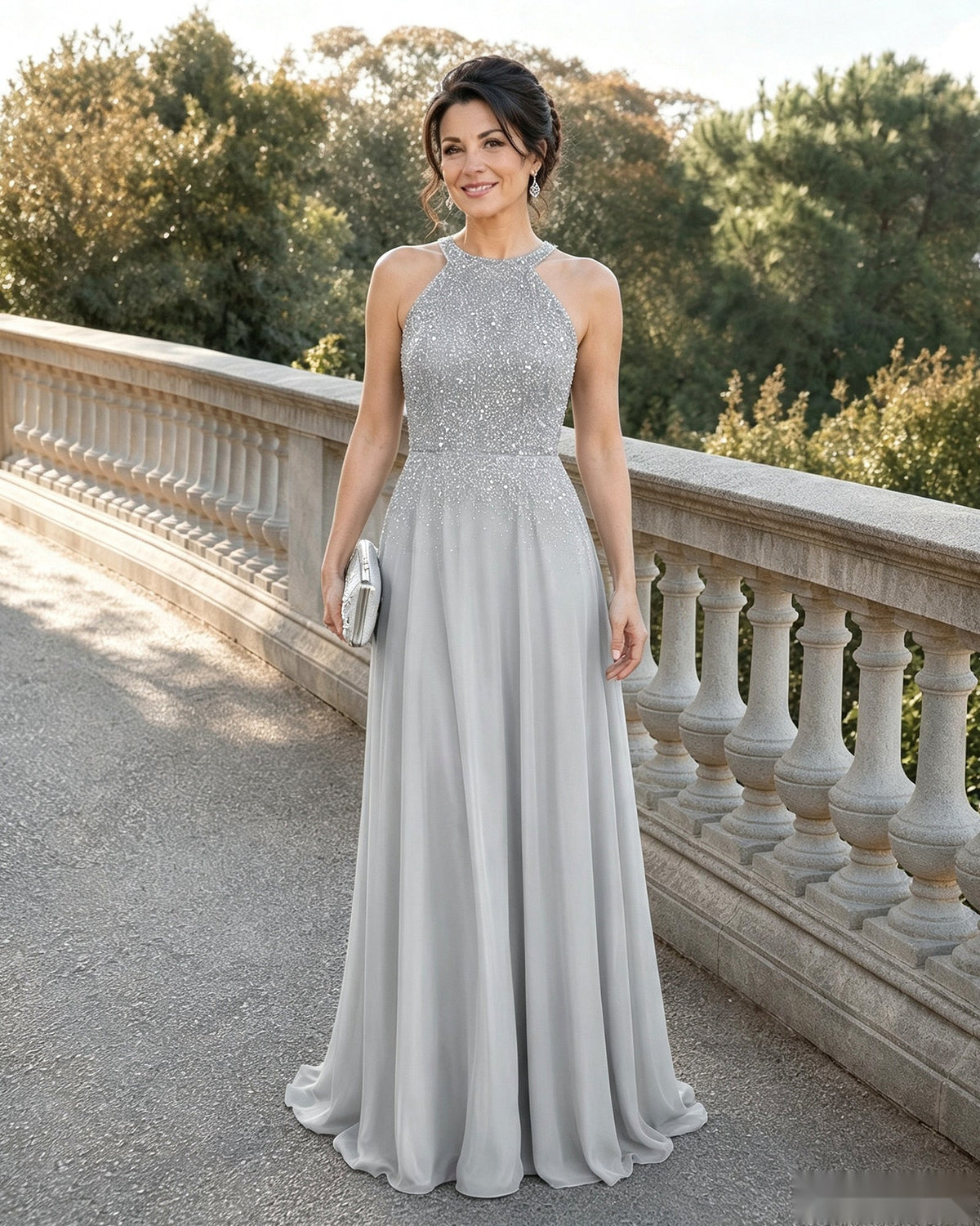 Silver-gray halter neck sequin chiffon A-line mother-of-the-bride dress, floor-length