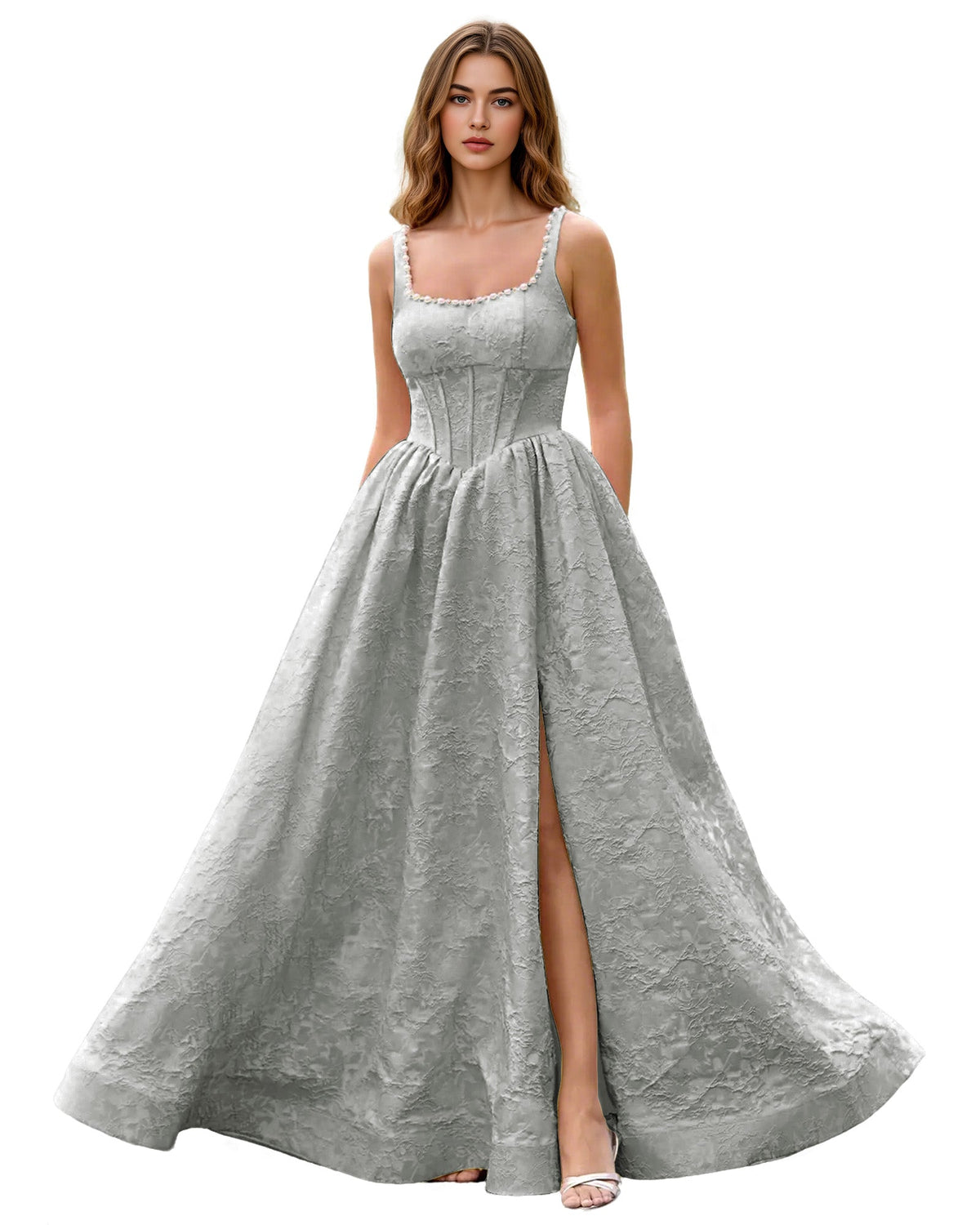Silver grey square-neck jacquard ball gown prom dress with wide straps and front slit