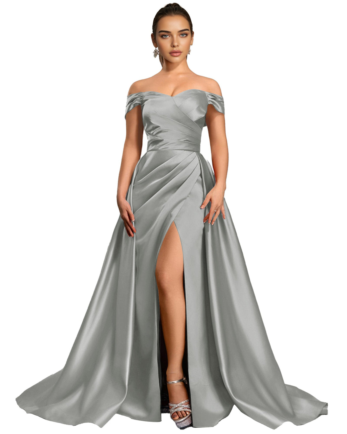 Silver-gray off-shoulder satin ball gown with draped bodice and thigh slit