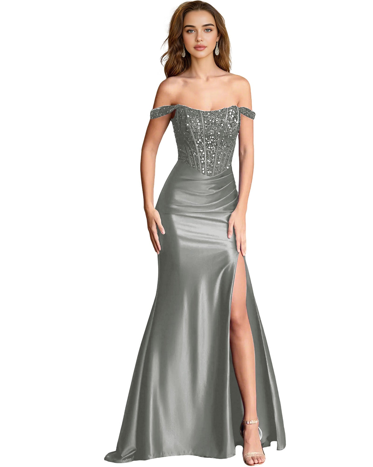 Off-shoulder sequin satin mermaid dress, silver gray, draped bodice and thigh slit