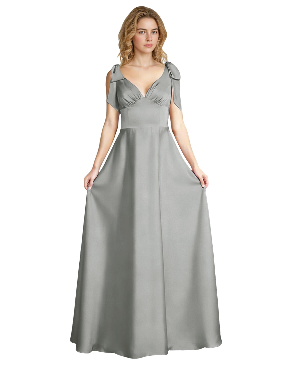 Silver gray satin V-neck bridesmaid dress with bow shoulder straps, empire waist, full skirt.