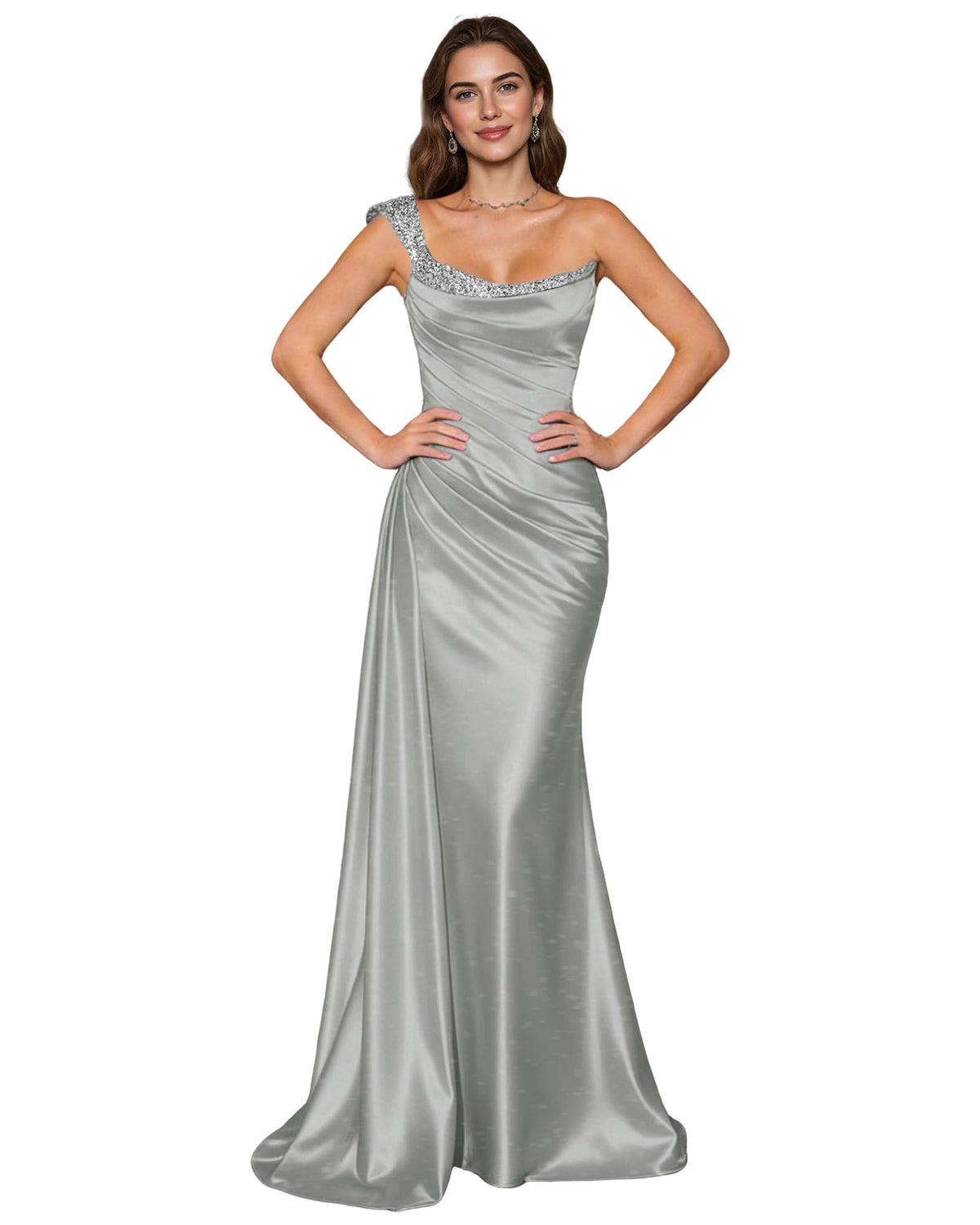 Silver satin mermaid prom dress with rhinestone-trim spaghetti straps and draped cowl neck