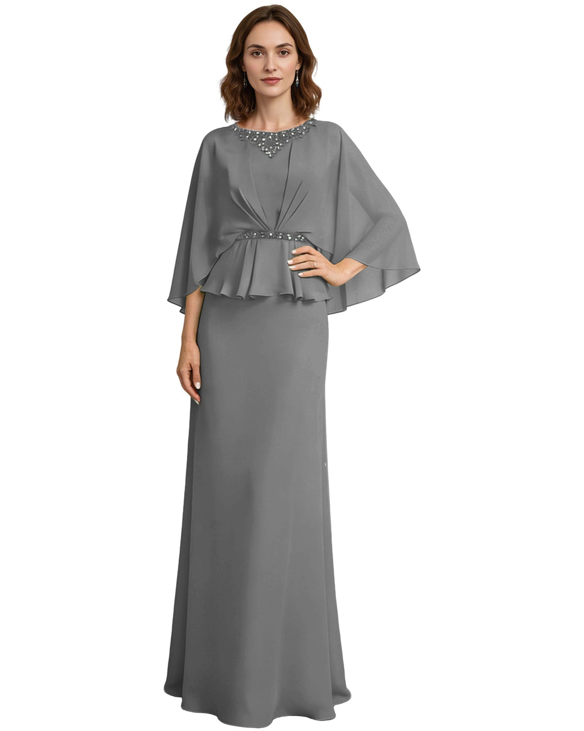Gray long formal dress with beaded neckline, capelet sleeves, and peplum drape