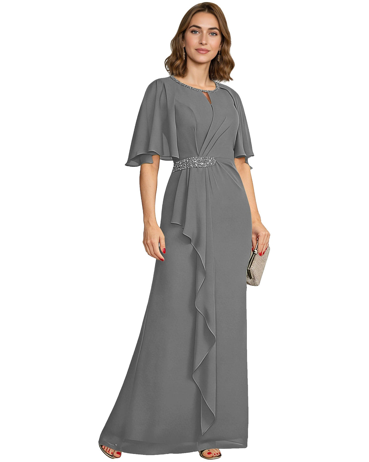 Chiffon A-line formal dress with flutter sleeves, beaded waist, ruffle drape—gray