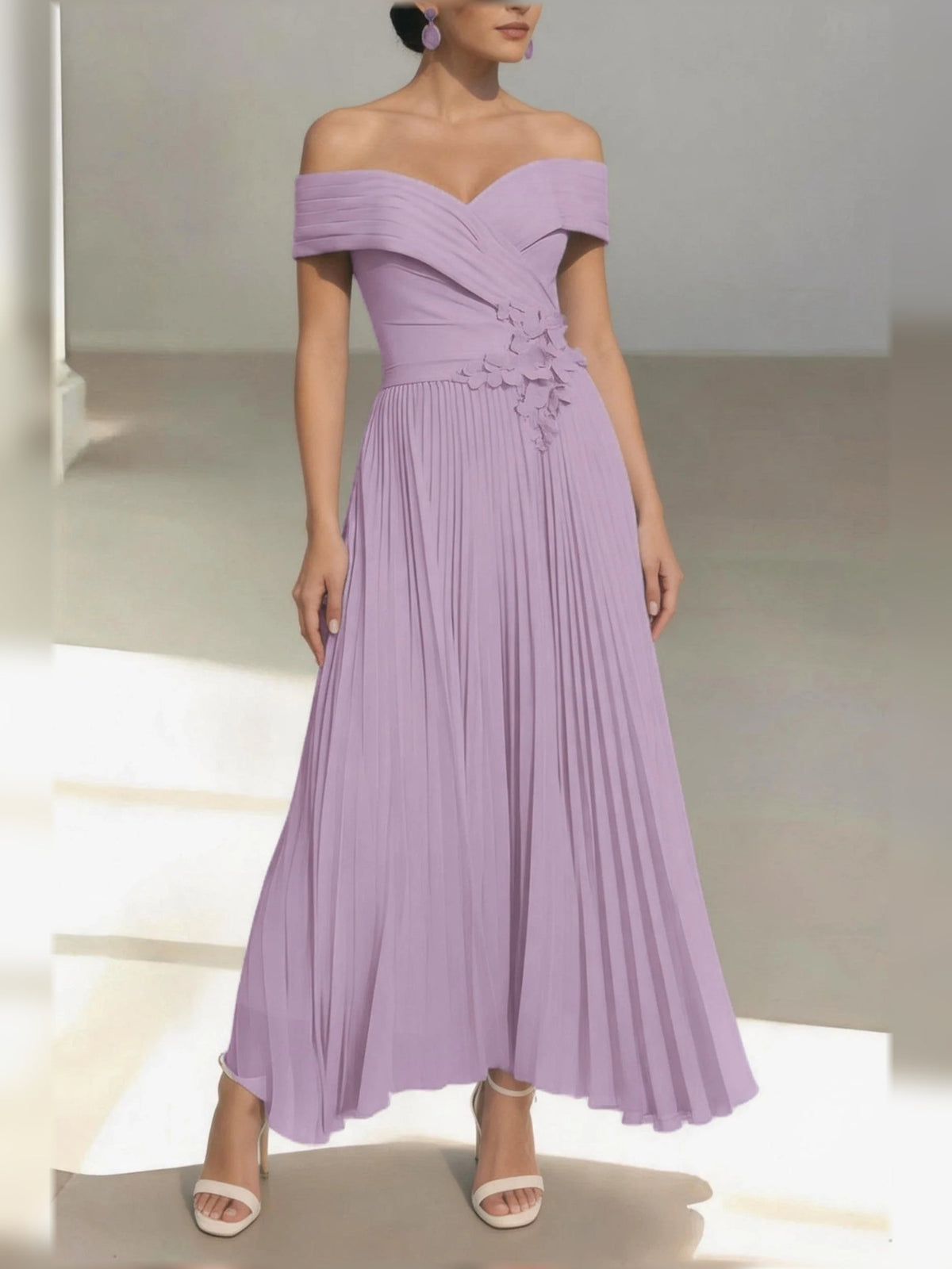 Lilac one-shoulder A-line satin midi dress with ruched bodice and pleated skirt