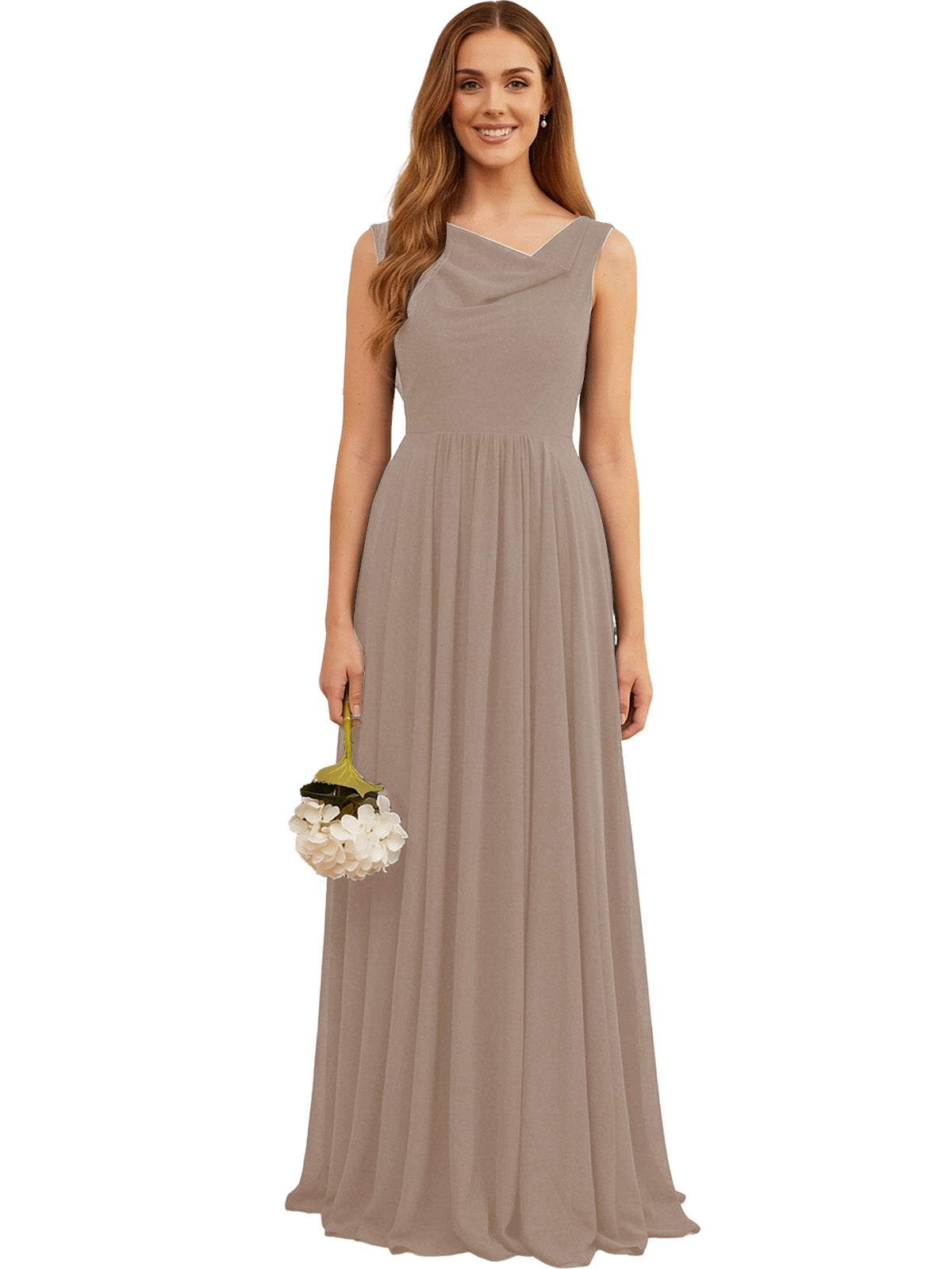Beige chiffon bridesmaid dress, sleeveless V-neck with pleated full skirt