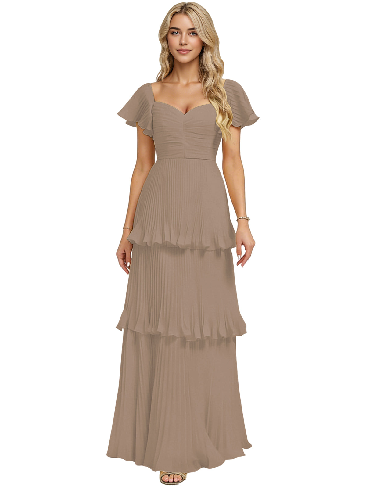 Beige chiffon bridesmaid dress with sweetheart neckline and tiered ruffle skirt