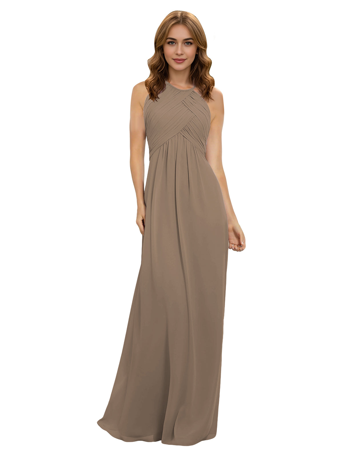 Taupe chiffon halter bridesmaid dress with twisted bodice and keyhole neckline