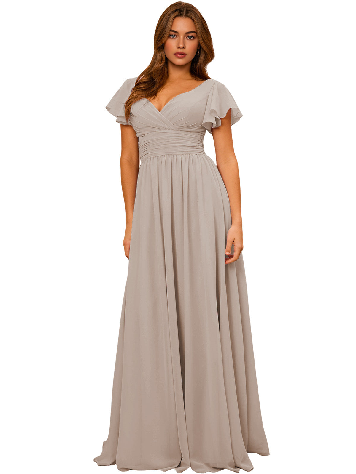 Light gray V-neck chiffon bridesmaid dress with flutter sleeves and empire waist
