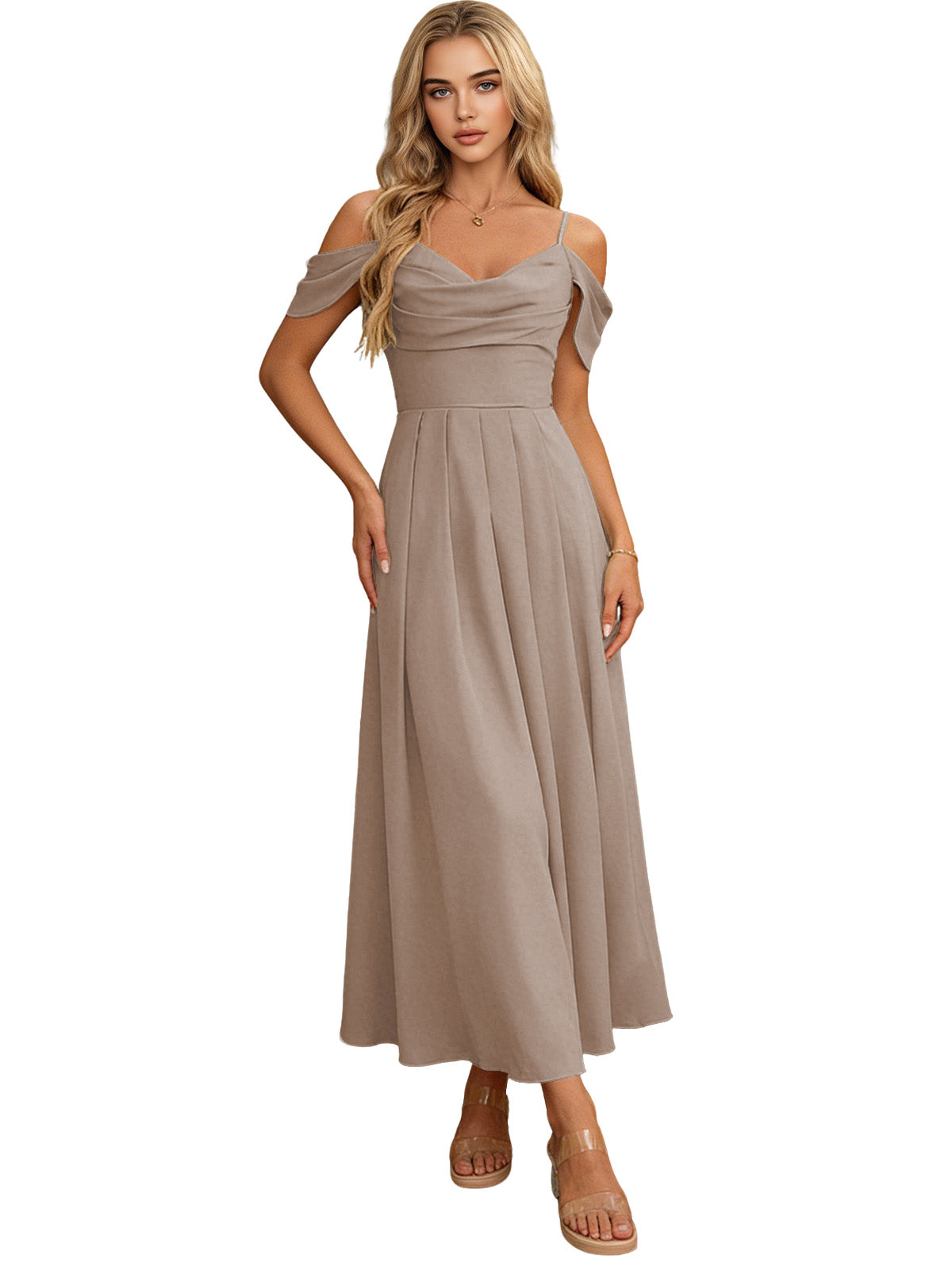 Beige taupe off-shoulder midi bridesmaid dress with pleated bodice and flowing skirt