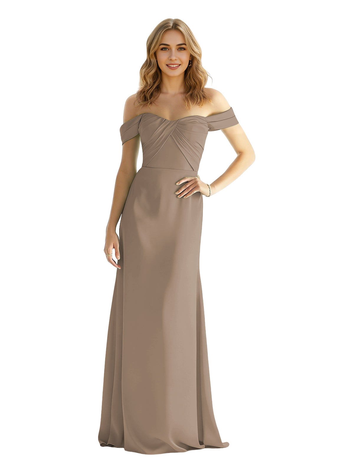 Off-shoulder satin bridesmaid dress with wrapped bodice and long skirt in taupe.
