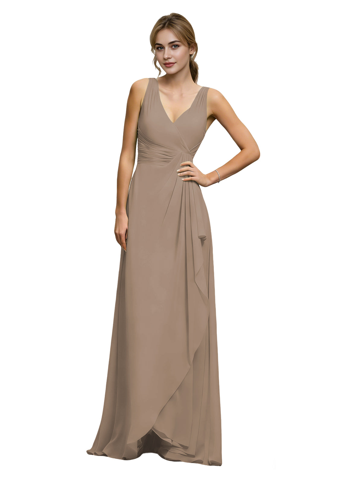 Halter V-neck chiffon bridesmaid dress with draped sash waist, taupe
