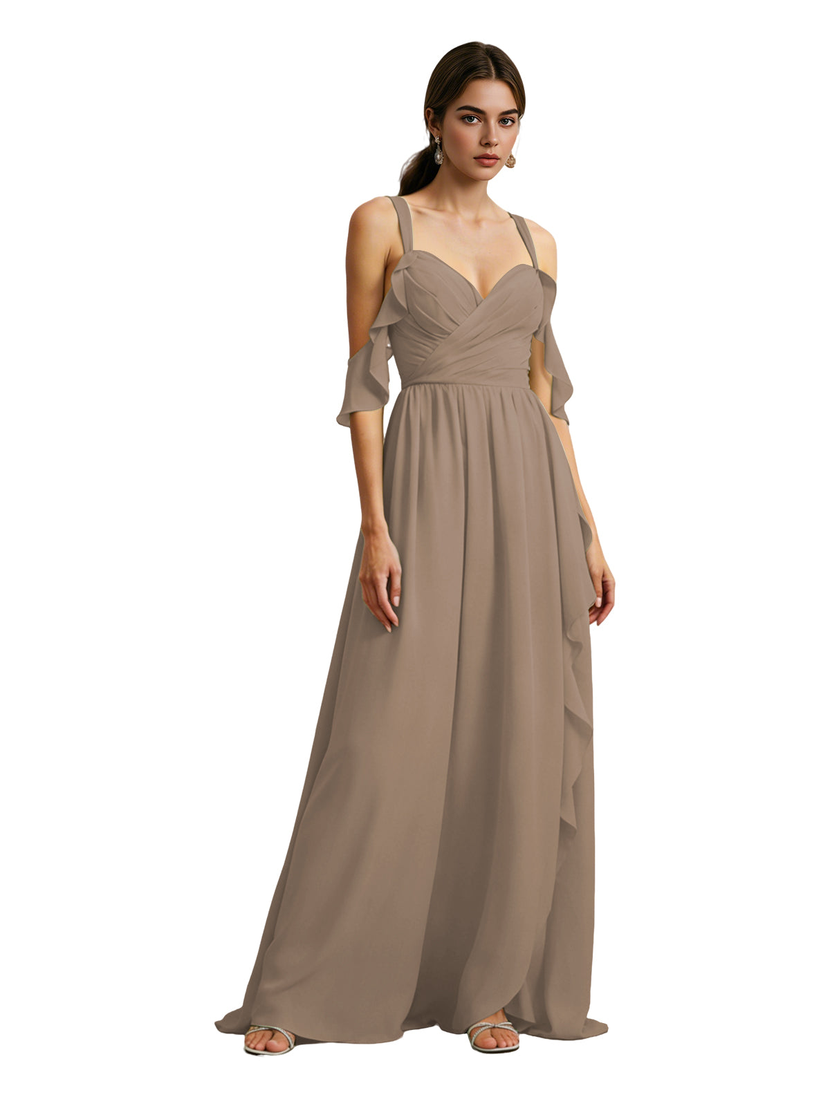 Taupe chiffon cold-shoulder bridesmaid dress with draped V-neck bodice, flowing hem