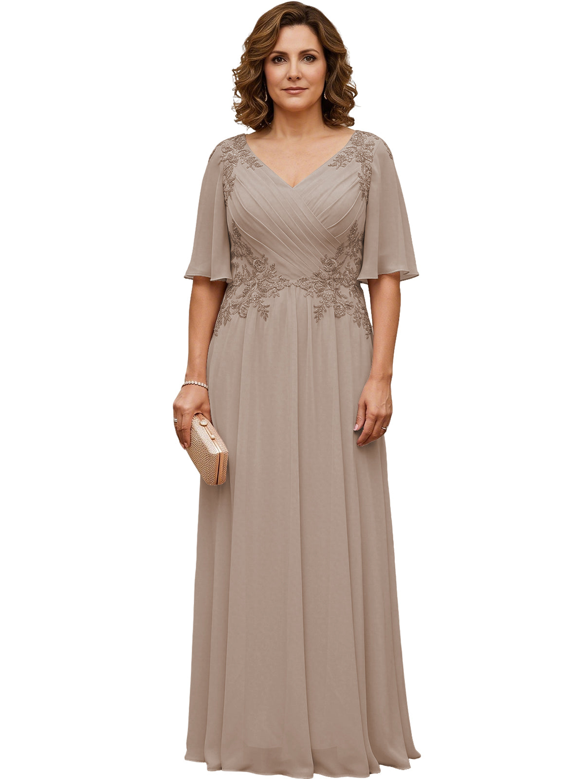 Taupe long chiffon A-line gown with V-neck, flutter sleeves, and beaded lace detail