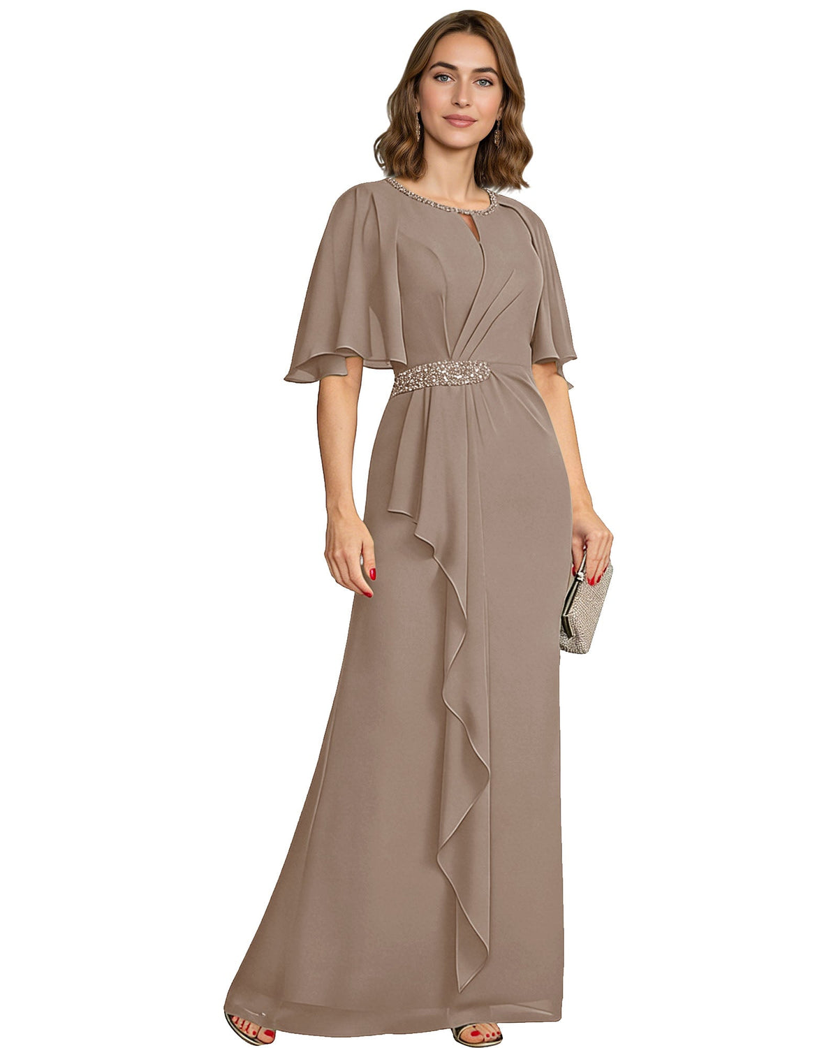 Chiffon A-line formal dress with flutter sleeves, beaded waist, ruffle drape—taupe