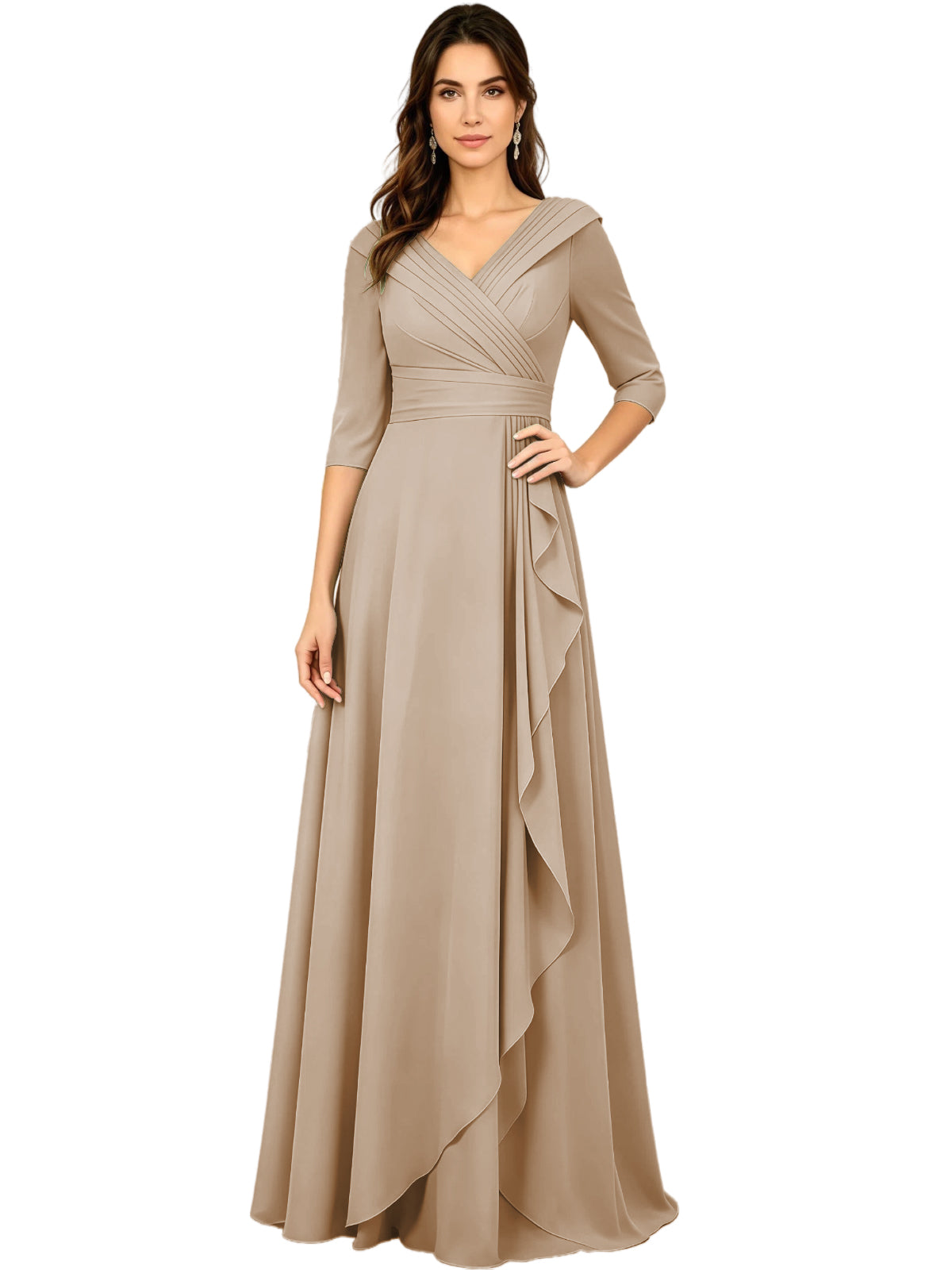 Long V-neck A-line chiffon gown, half sleeves, taupe with side ruffle drape