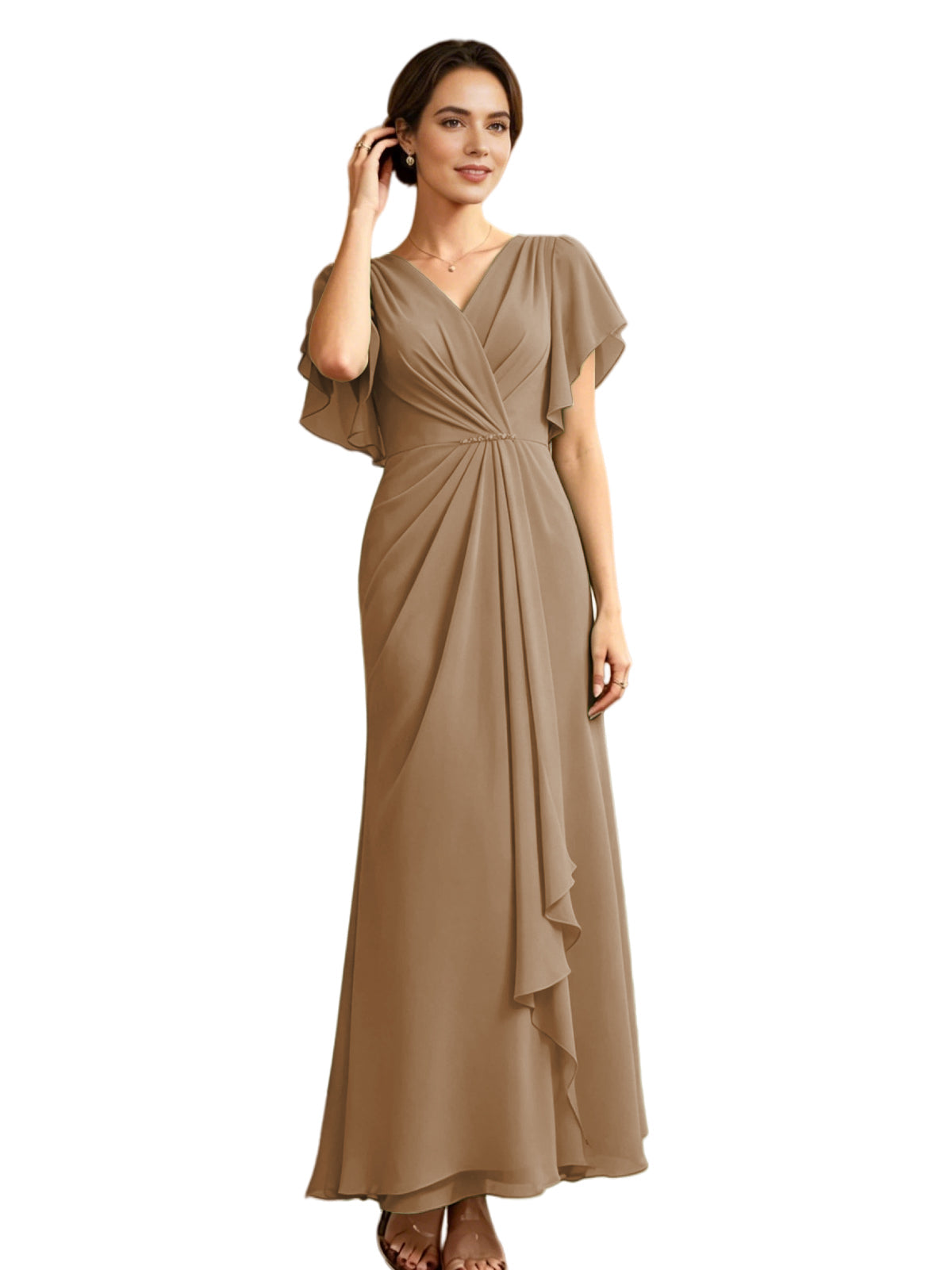 Long taupe chiffon V-neck A-line dress with flutter sleeves and wrap bodice