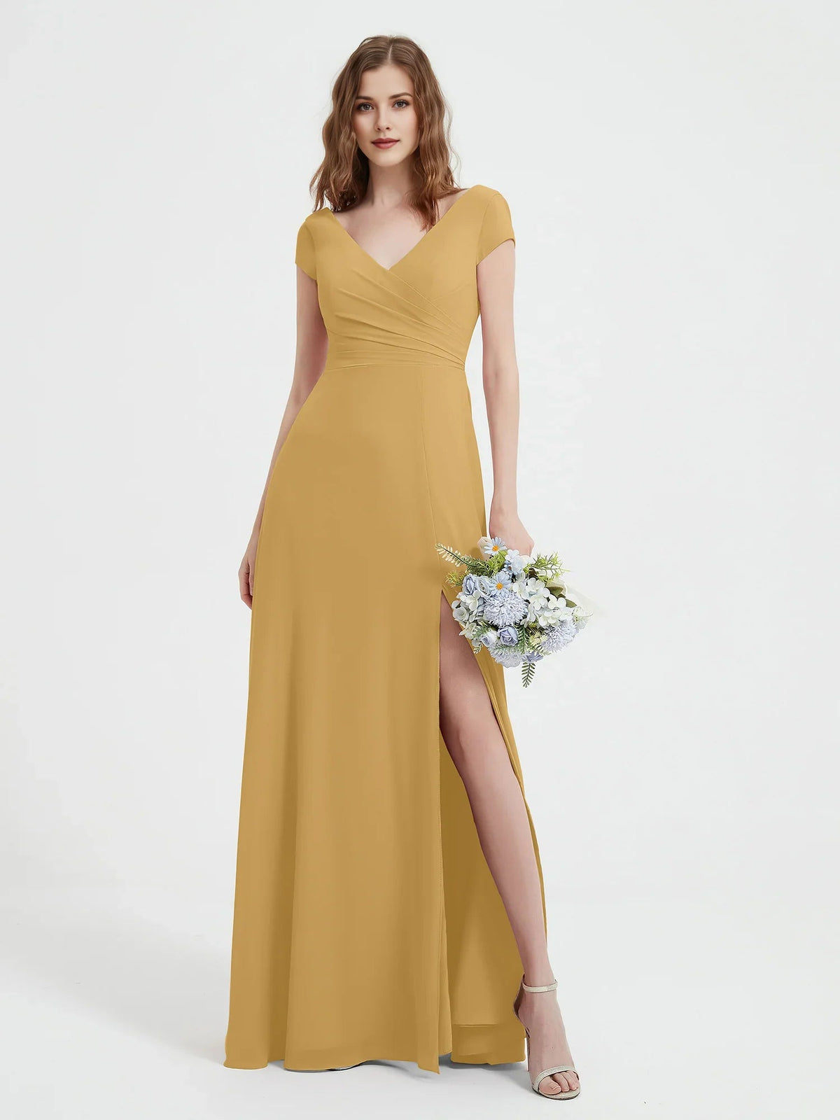 Ruched V-neck A-line maxi chiffon dress with side slit and cap sleeves, golden yellow.