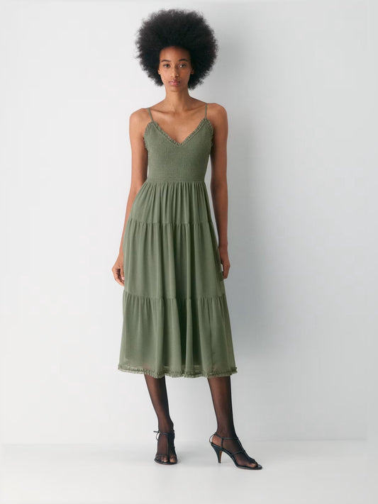 Sage green V-neck tiered midi formal dress with spaghetti straps, front view