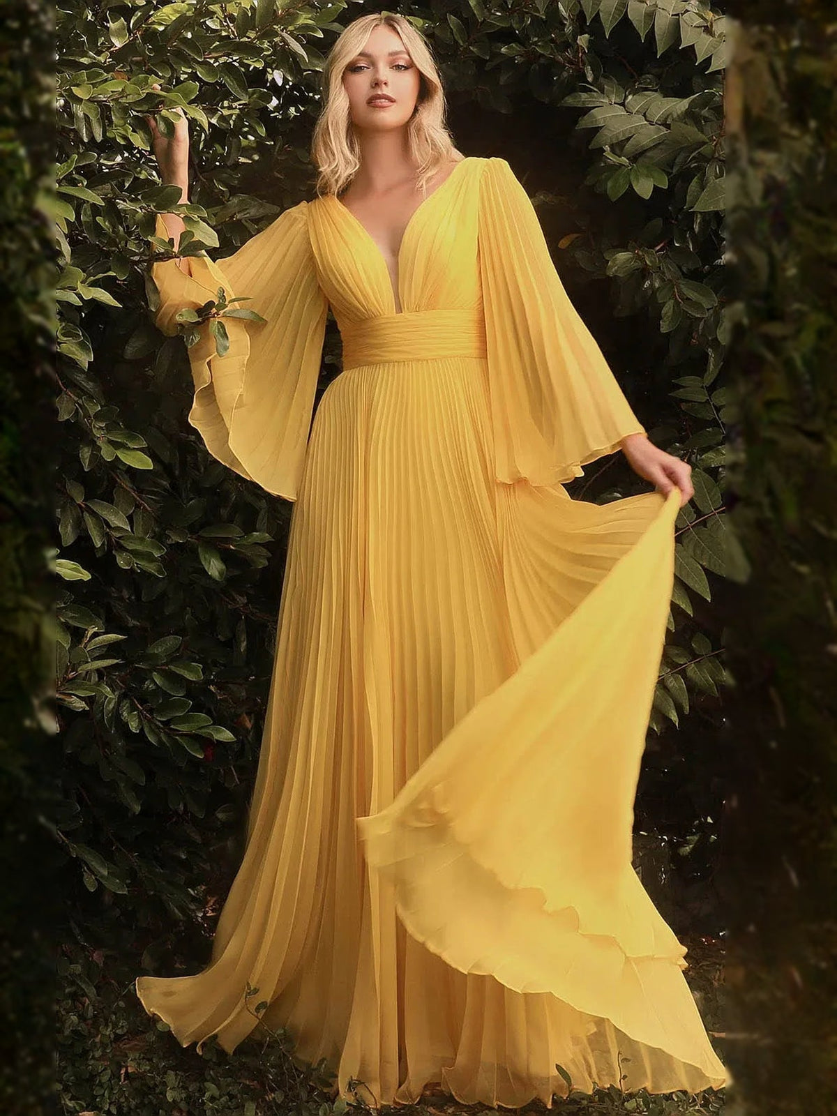Yellow V-neck chiffon formal dress with pleated A-line skirt and long ruffled flutter sleeves