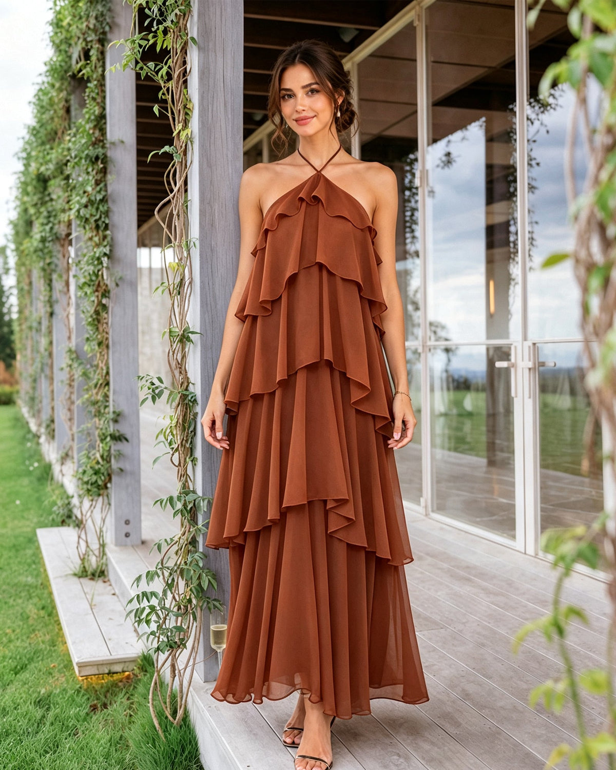 Tiered halter chiffon bridesmaid dress, rust-brown tiered ruffle overlay and long skirt