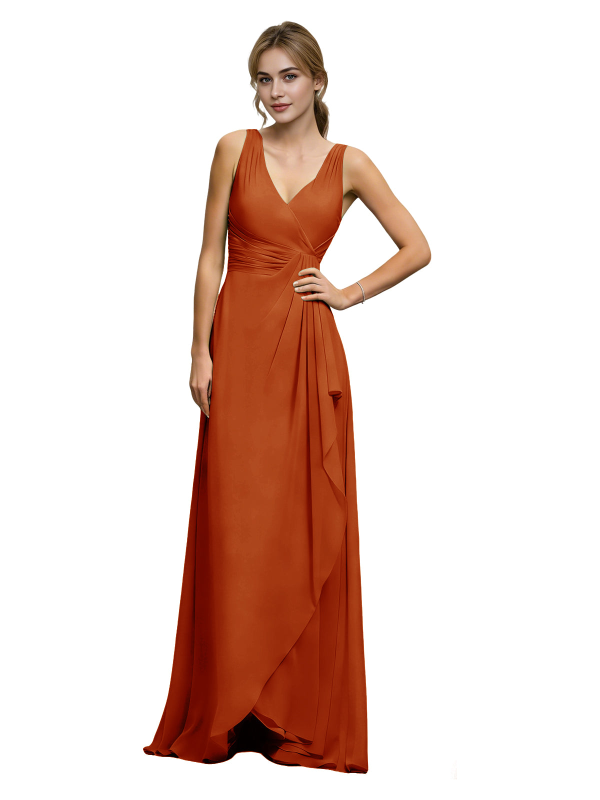 Halter V-neck chiffon bridesmaid dress with draped sash waist, rust orange