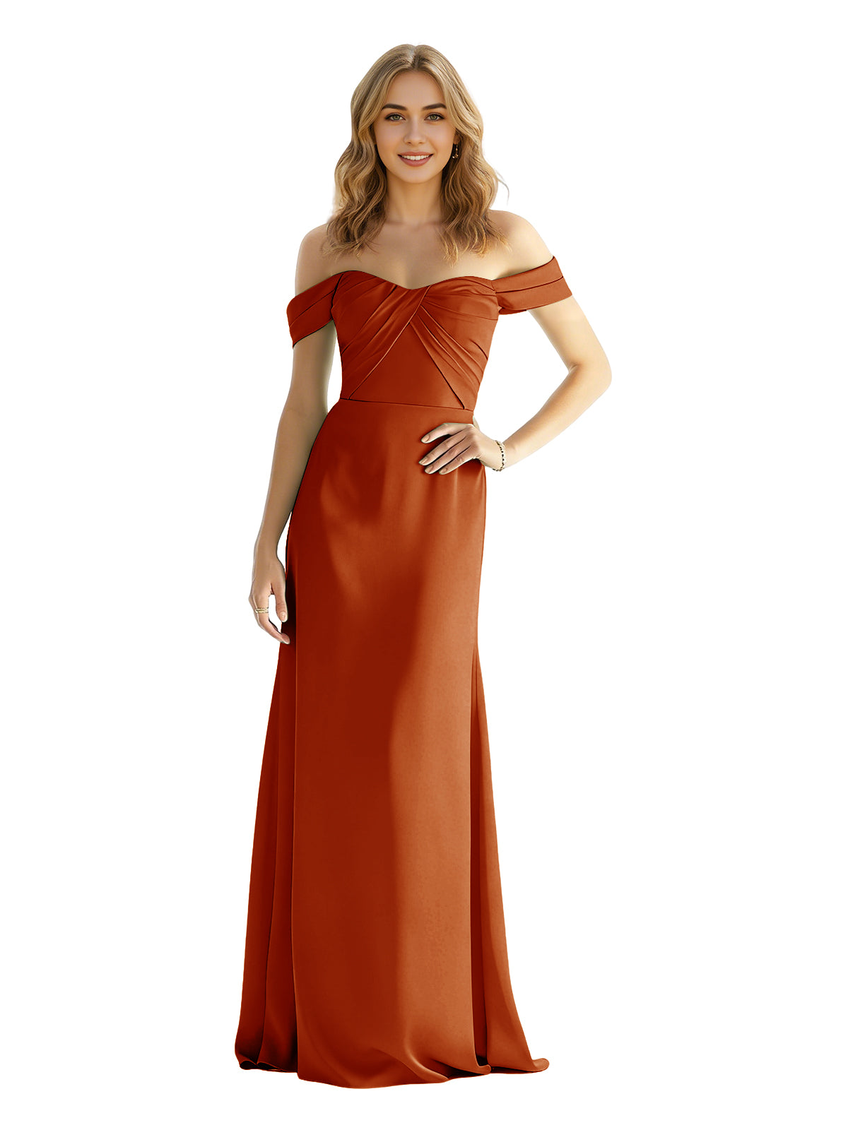 Off-shoulder satin bridesmaid dress, wrapped bodice, floor-length skirt in rust orange.