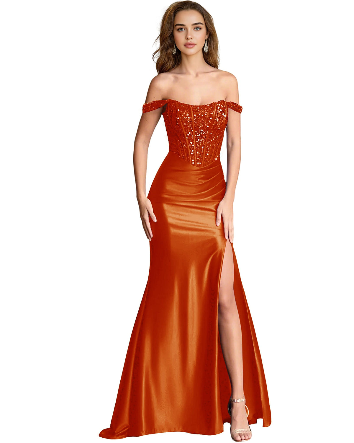 Off-shoulder sequin satin mermaid dress, burnt orange, draped bodice and thigh slit