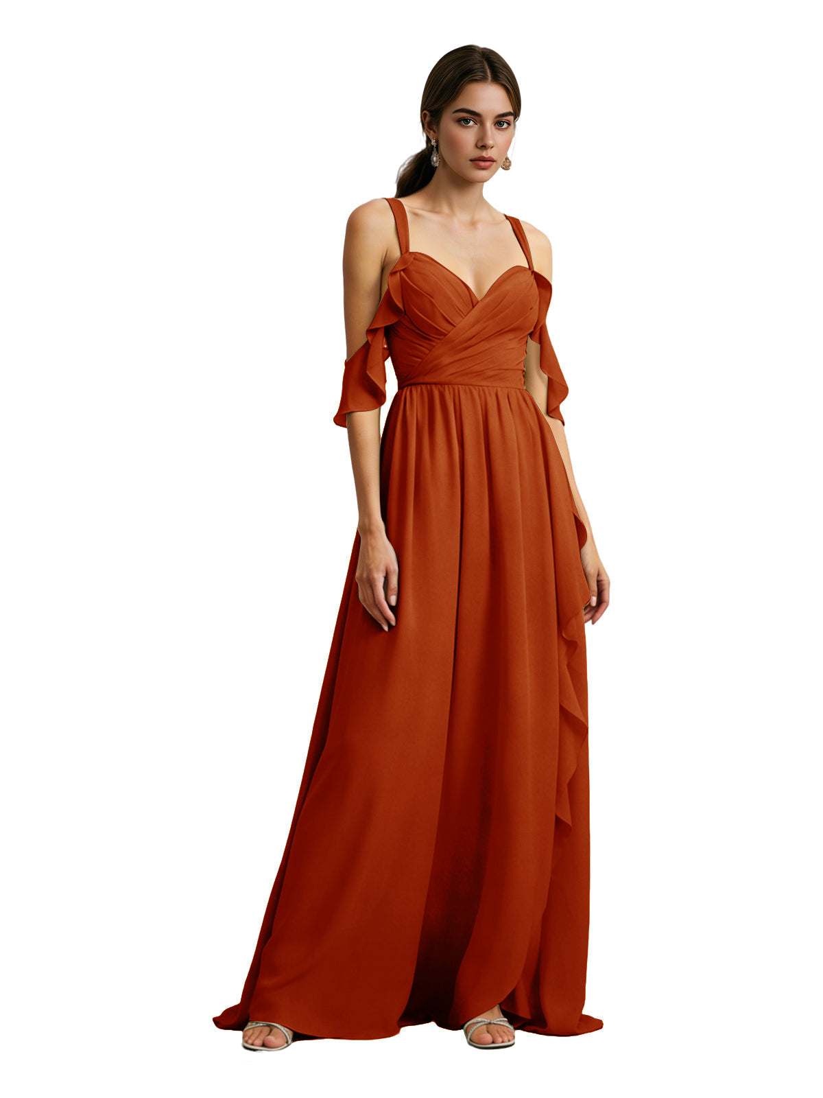 Burnt orange chiffon cold-shoulder bridesmaid dress with draped V-neck bodice